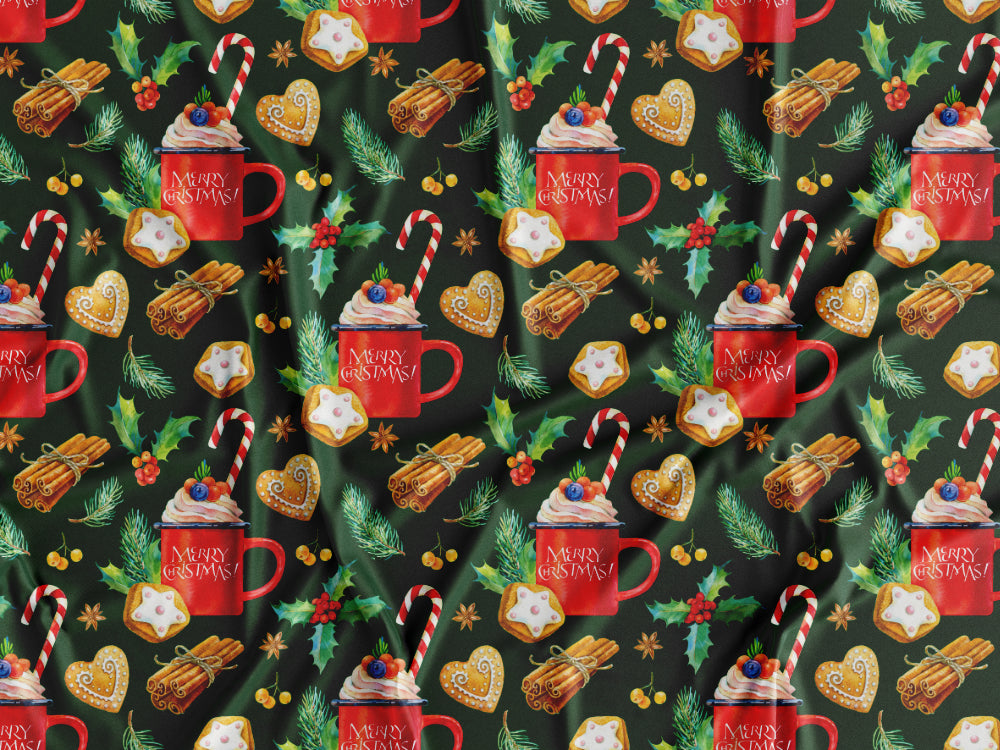 Tecido Natal Canecas Biscoitos e Azevinhos Fundo Verde - N22