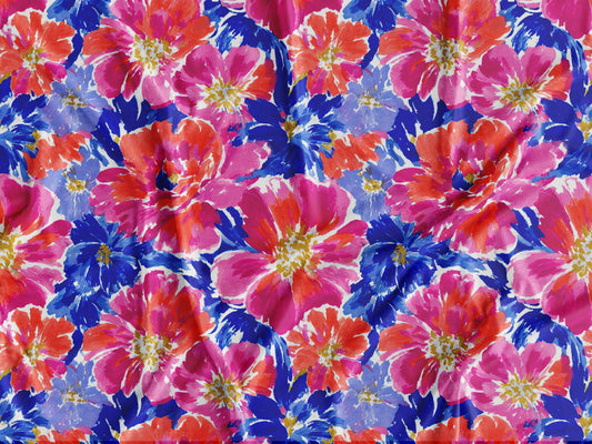 Tecido Flores Azul e Rosa  - P477