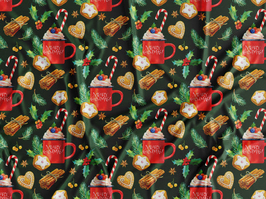 Tecido Natal Canecas Biscoitos e Azevinhos Fundo Verde - N22