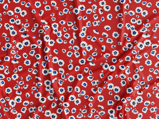 Tecido Mini Flores Brancas e Azuis Fundo Vermelho - P327