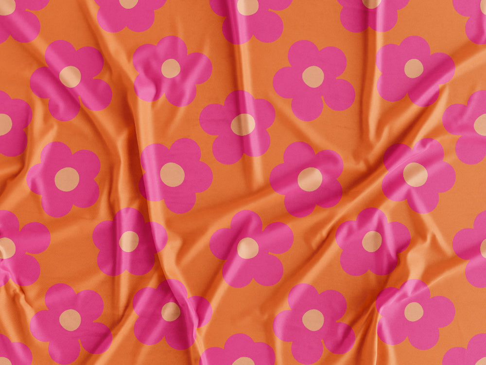 Tecido Flores Rosa Fundo Laranja - P390