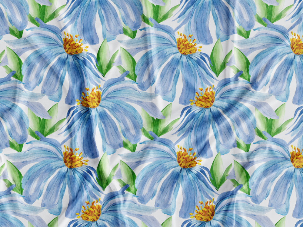 Tecido Flores Aguarela Azul Fundo Branco - P417