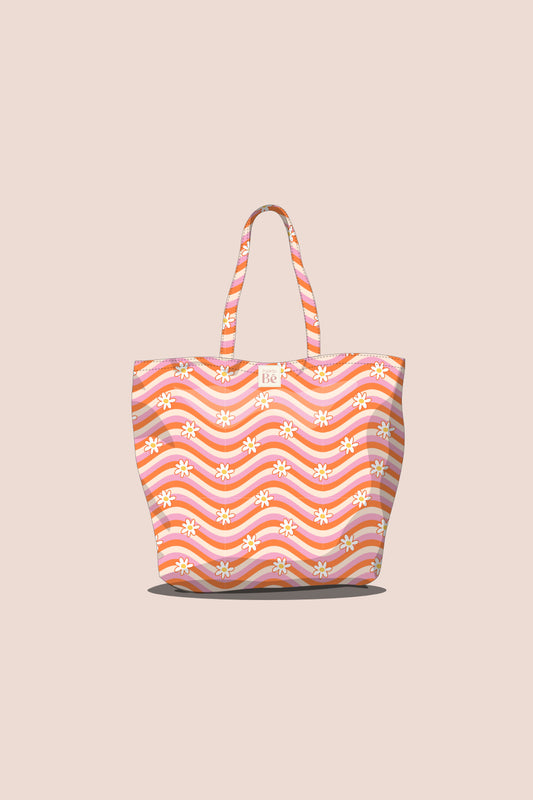 Tote Bag Flores Fundo Ondulado Rosa Laranja e Bege - P326